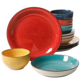 cut12-Piece Stoneware Dinnerware Set in Red Blue Green Yellow - Service for 4