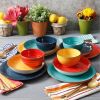 cut12-Piece Stoneware Dinnerware Set in Red Blue Green Yellow - Service for 4