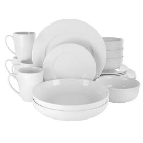 cut18-Piece White Porcelain Dinnerware Set with Plates Bowls Mugs - Service for 4