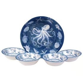 cut5-Piece Starfish Sea Shells Octopus Beach Dinner Bowl Set in Blue and White