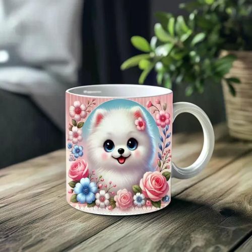 1pc_Cute Dog And Flowers ceramic cup 11 ounces, coffee/tea/wine glass, suitable for Valentine's Day, birthdays,