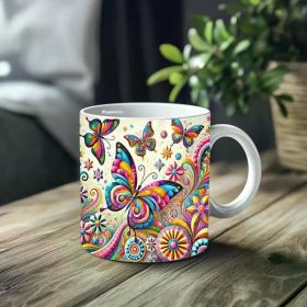 1pc_Butterflies And Flowers ceramic cup 11 ounces, coffee/tea/wine glass, suitable for Valentine's Day, birthdays,