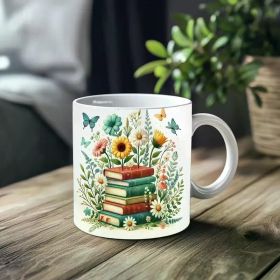1pc_Books And Flowers ceramic cup 11 ounces, coffee/tea/wine glass, suitable for Valentine's Day, birthdays,